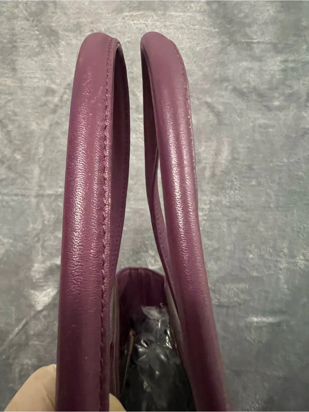 MCM Patent Tote in Dark Brown with Plum Handles